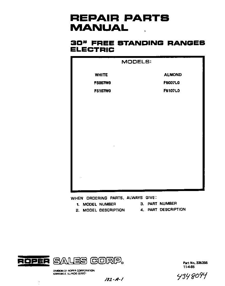 Roper F5007*0 front cover diagram