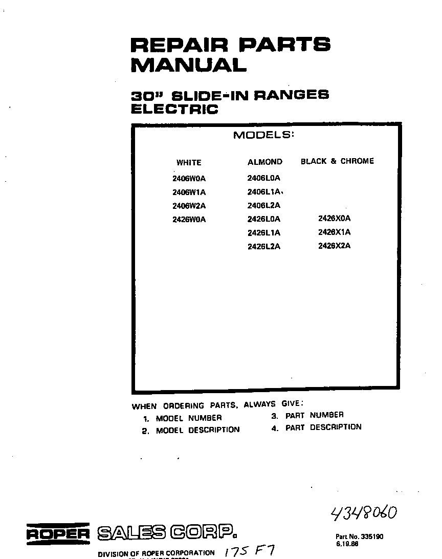 Roper 2406*3A front cover diagram