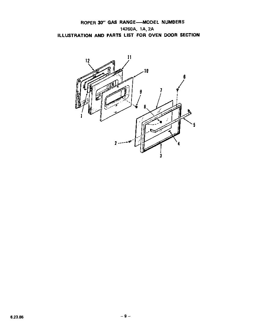 Roper 1416*0A oven door (models 14260a, 1a, 2a) diagram