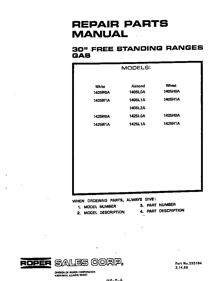 Roper 1425W0A front cover diagram