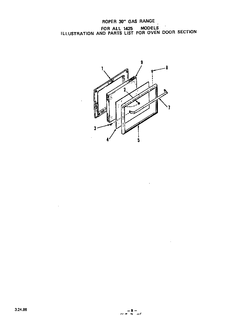 Roper 1425W0A oven door (models 1425) diagram
