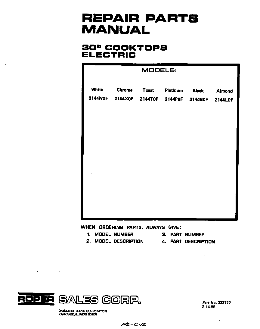 Roper 2144*0F front cover diagram