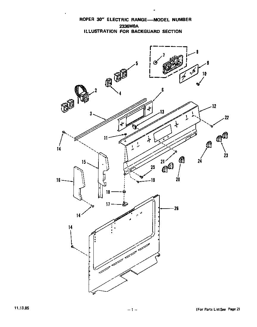Roper 2336W0A backguard diagram