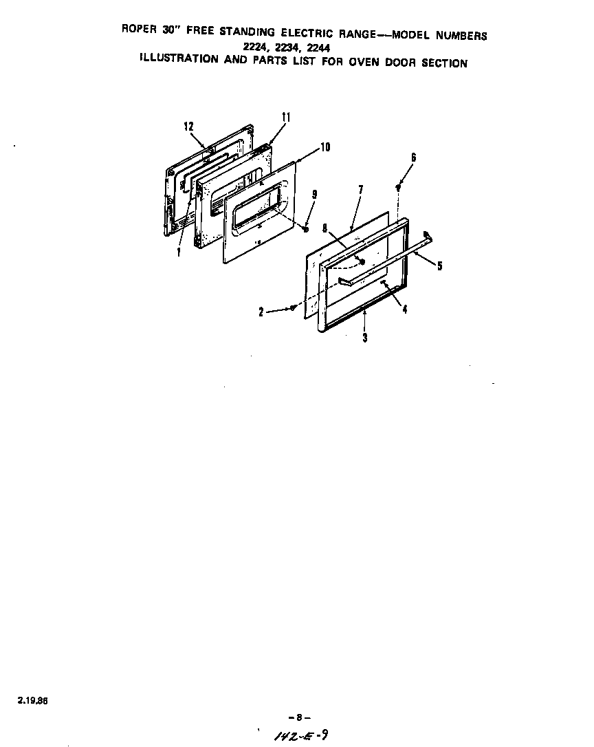 Roper 2214W1A door for 2224, 2234, 2244 diagram