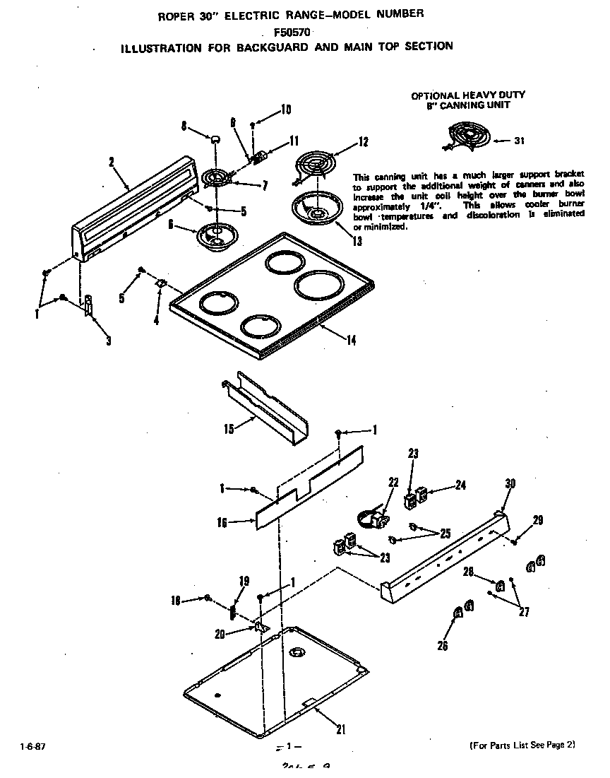 Roper F5057*0 backguard and main top diagram