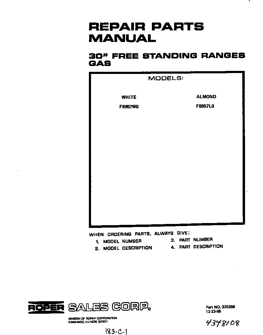 Roper F8957*0 cover page-text only diagram