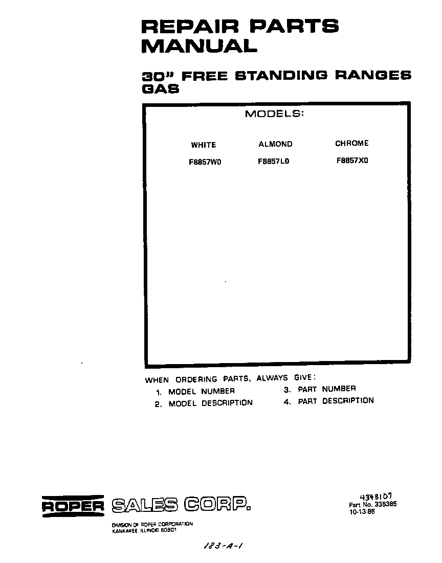 Roper F8857*0 front cover diagram