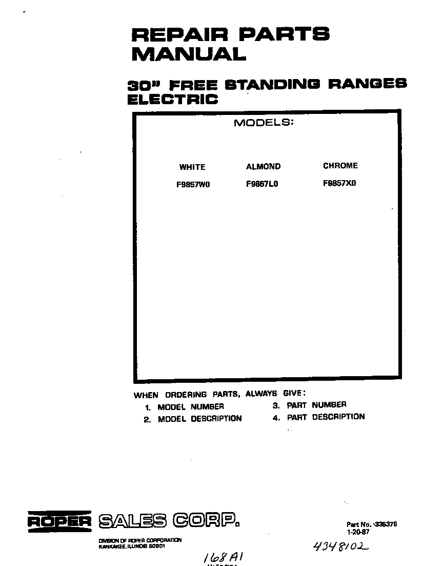 Roper F9857*0 front cover diagram