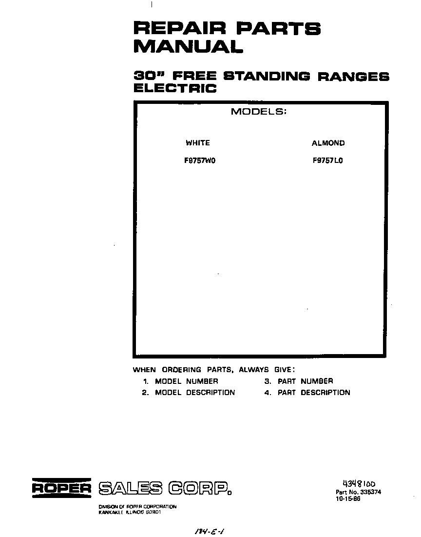 Roper F9757*0 front cover diagram