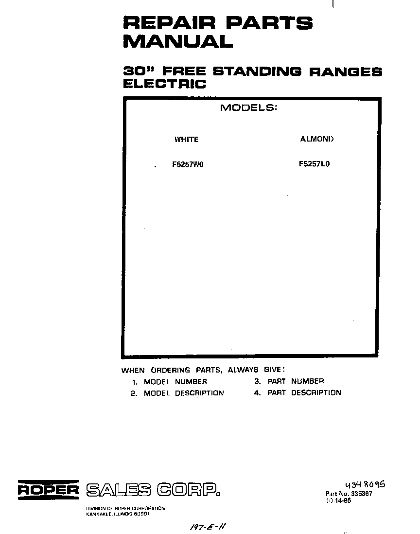 Roper F5257W0 front cover diagram