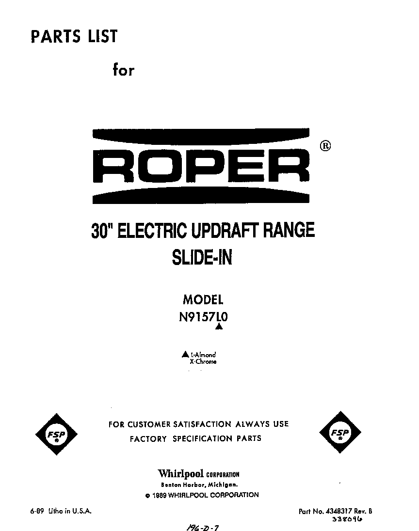 Roper N9157X0 front cover diagram