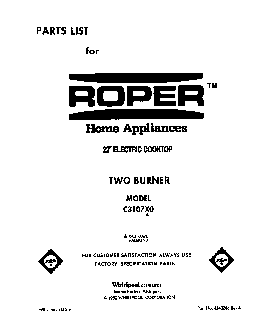 Roper C3107L0 cover page diagram