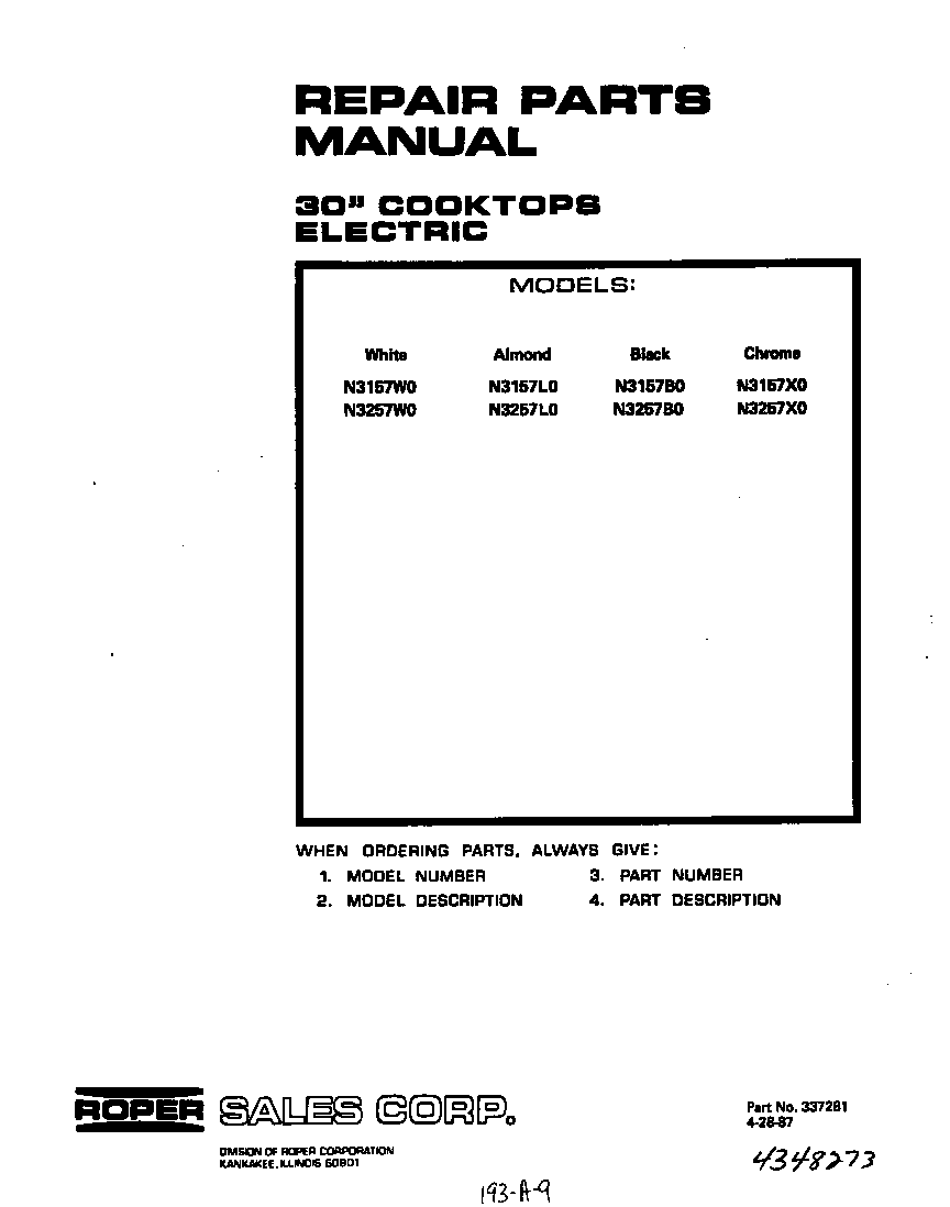 Roper N3257*0 front cover diagram