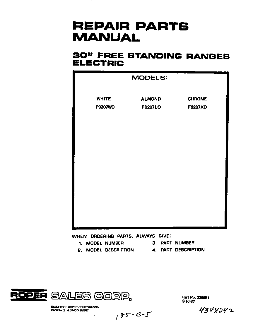 Roper F9027*0 cover page diagram