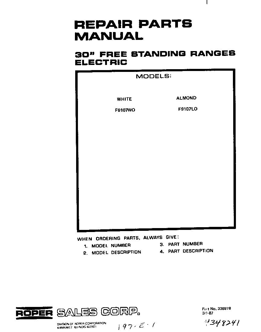 Roper F9107W0 cover page diagram