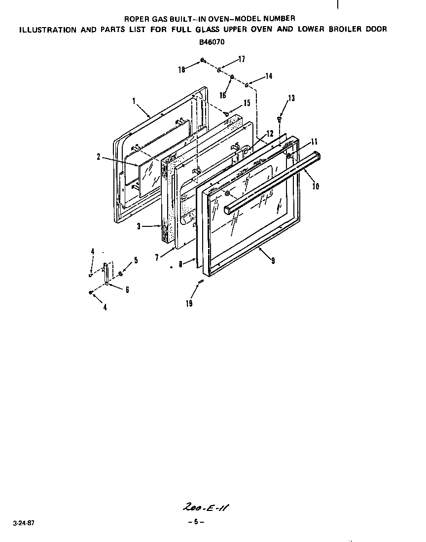 Roper B4607X0 glass upper oven and lower broiler door diagram