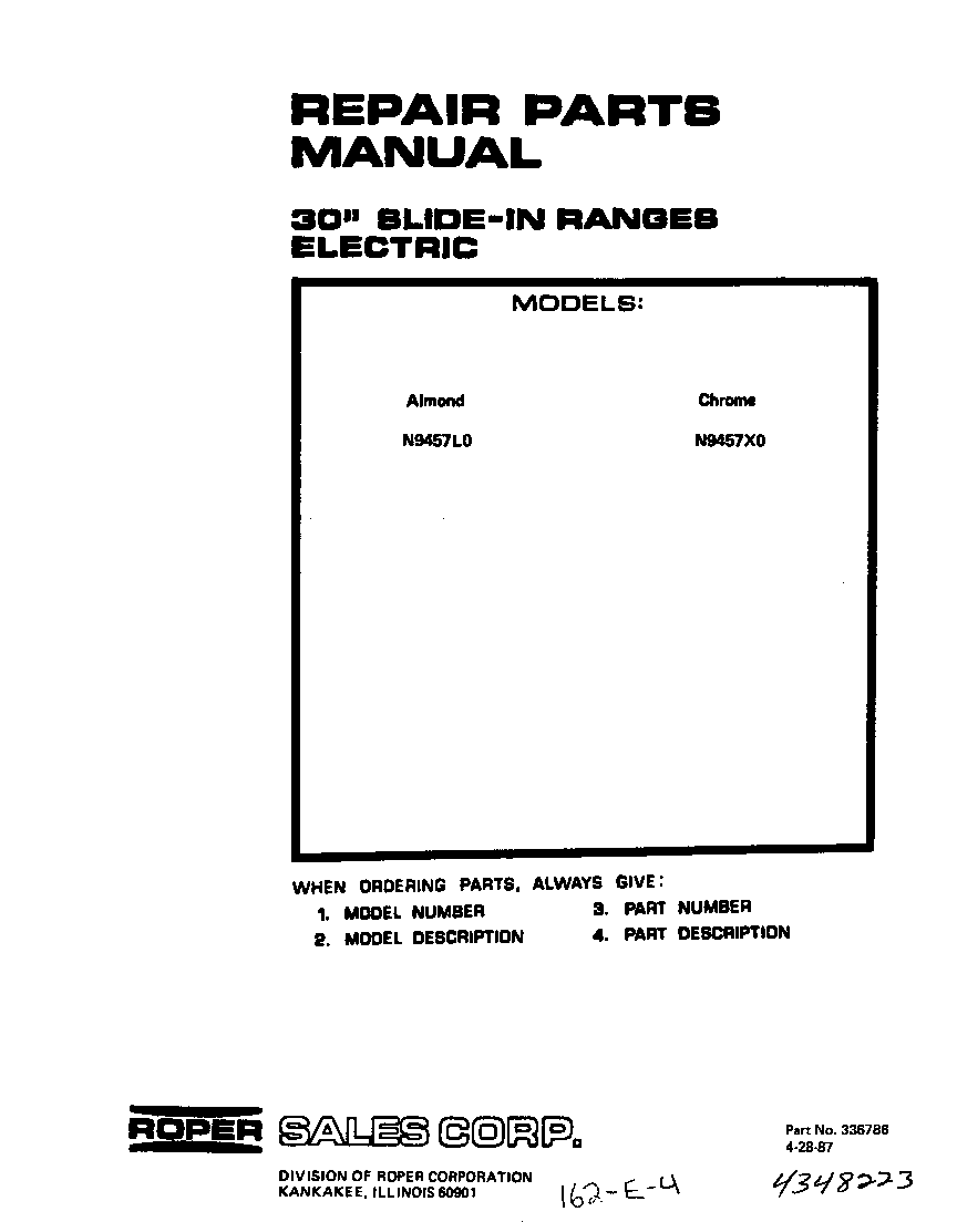 Roper N9457*0 front cover diagram
