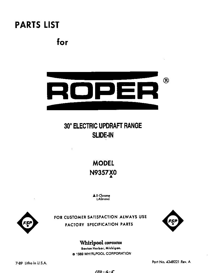 Roper N9357L0 front cover diagram