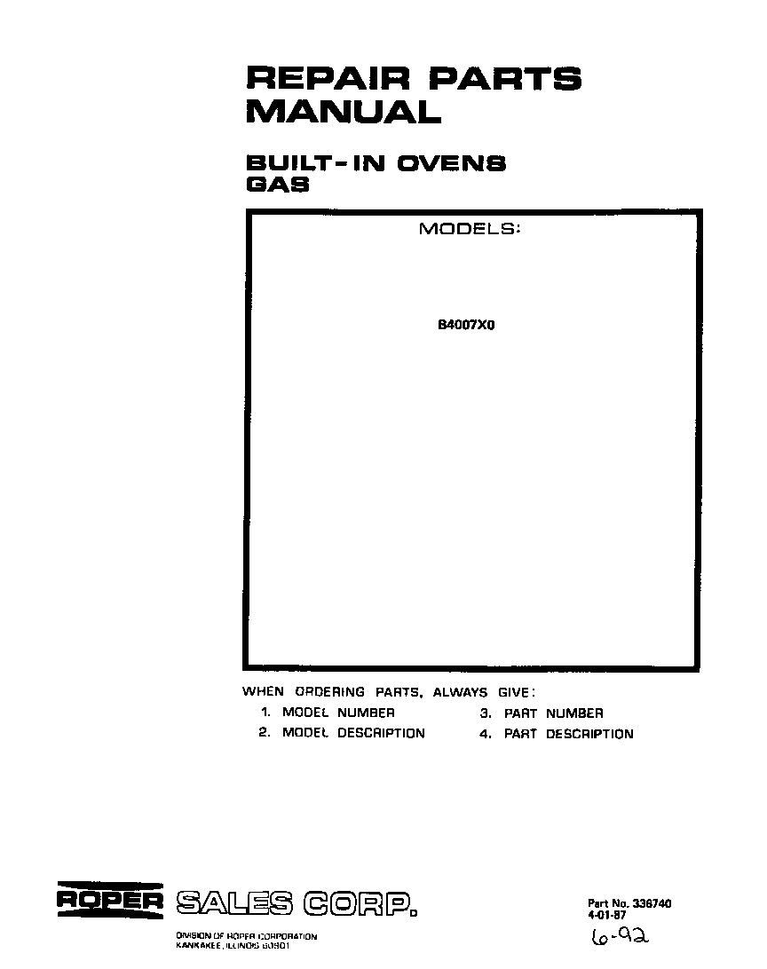 Roper B4007X0 front cover diagram