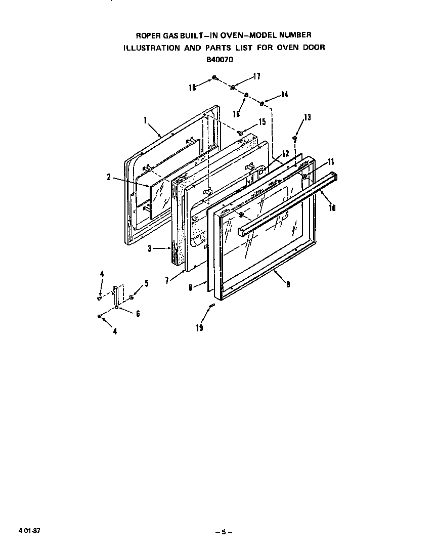 Roper B4007X0 oven door diagram