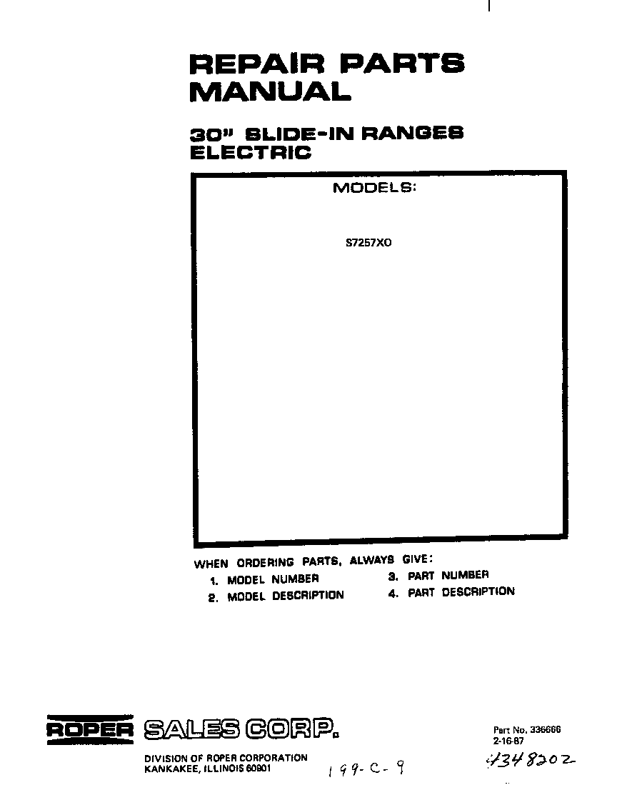 Roper S7257X0 cover page diagram