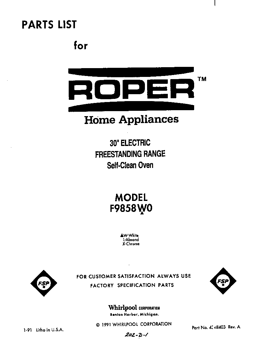 Roper F9858*0 front cover diagram