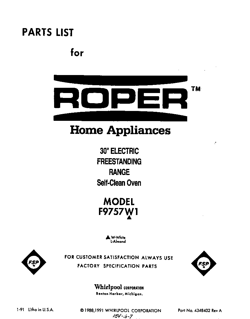 Roper F9757*1 front cover diagram