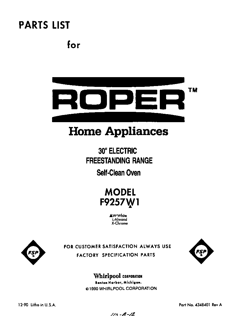 Roper F9257W1 front cover diagram