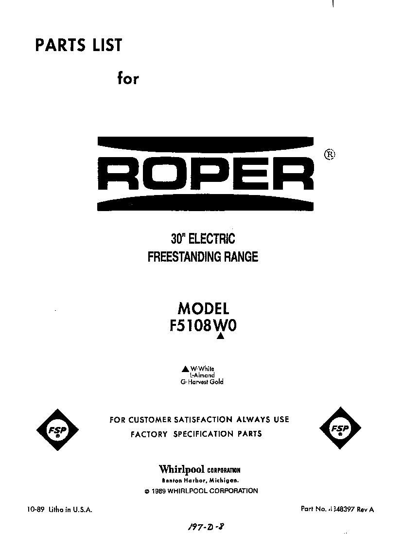 Roper F5108*0 front cover diagram