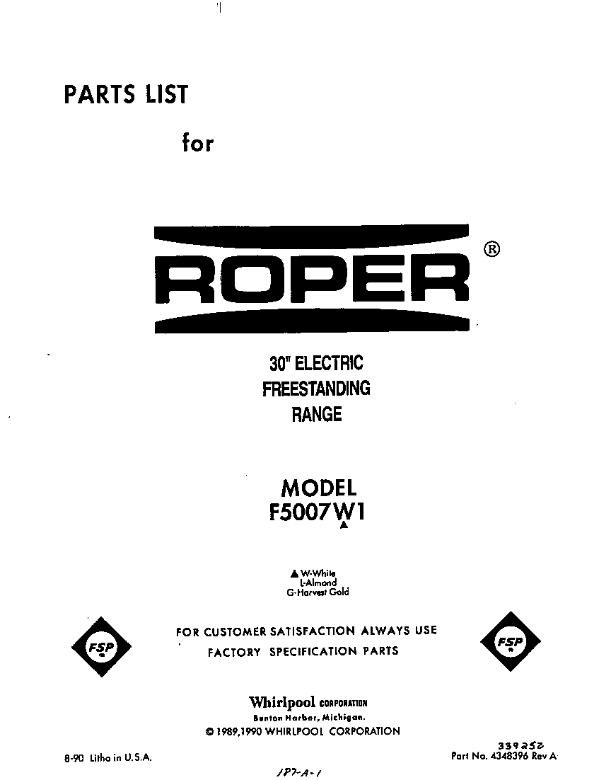 Roper F5007*1 front cover diagram