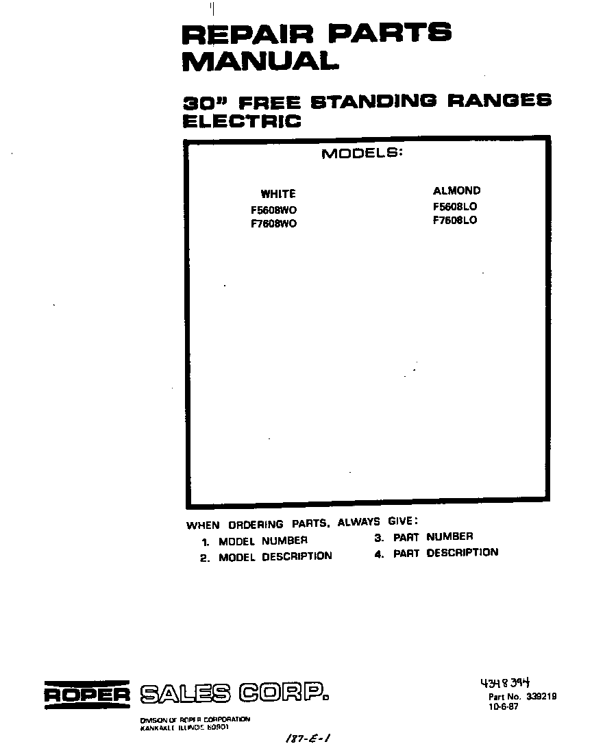Roper F5608*0 front cover diagram