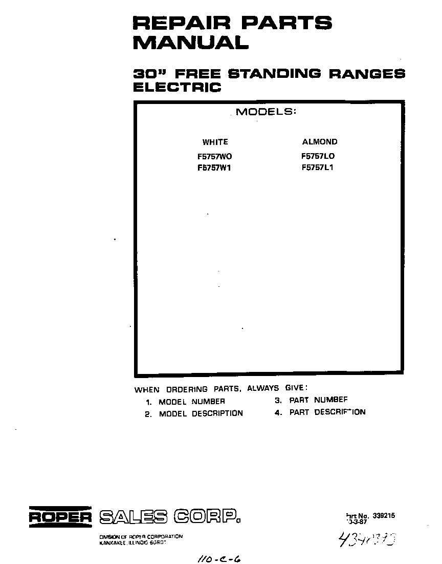 Roper F5757W1 cover page diagram