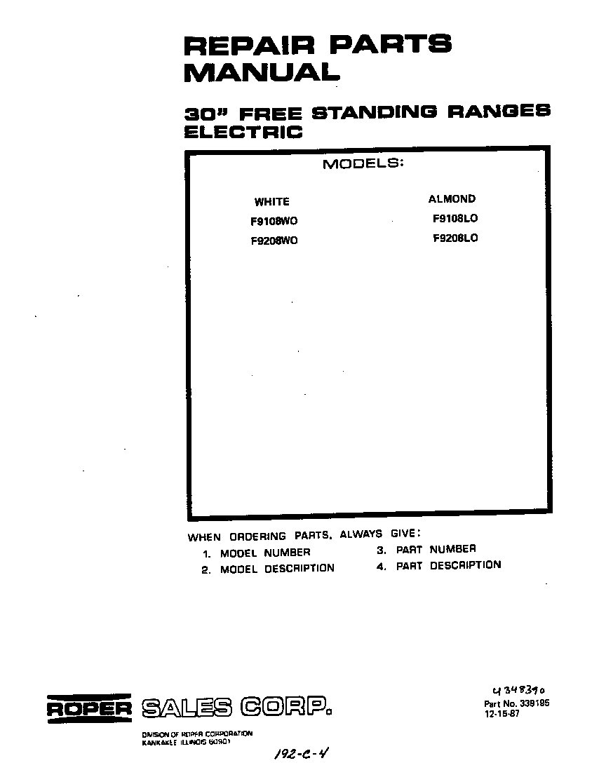 Roper F9108*0 front cover diagram