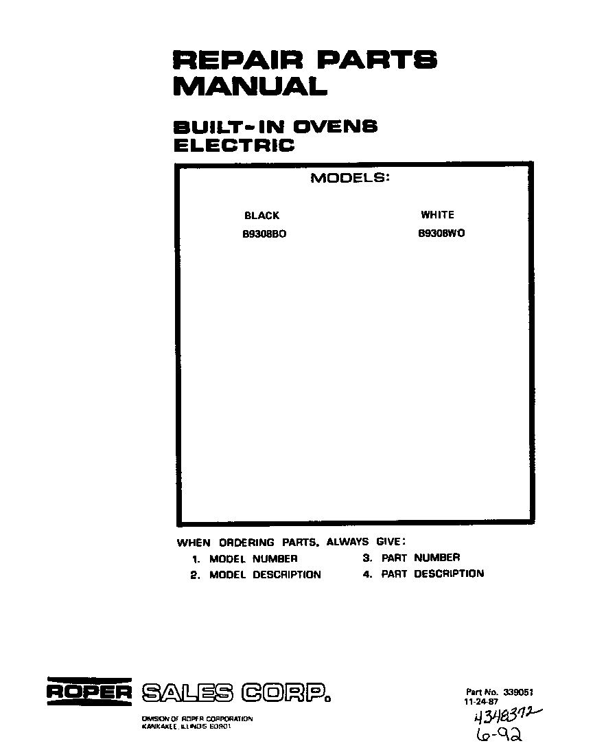 Roper B9308W0 front cover diagram