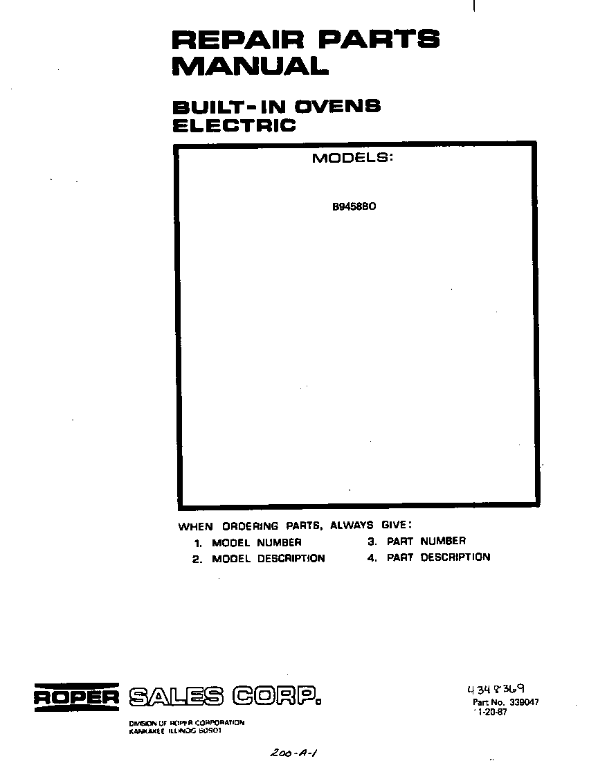 Roper B9458B0 front cover diagram