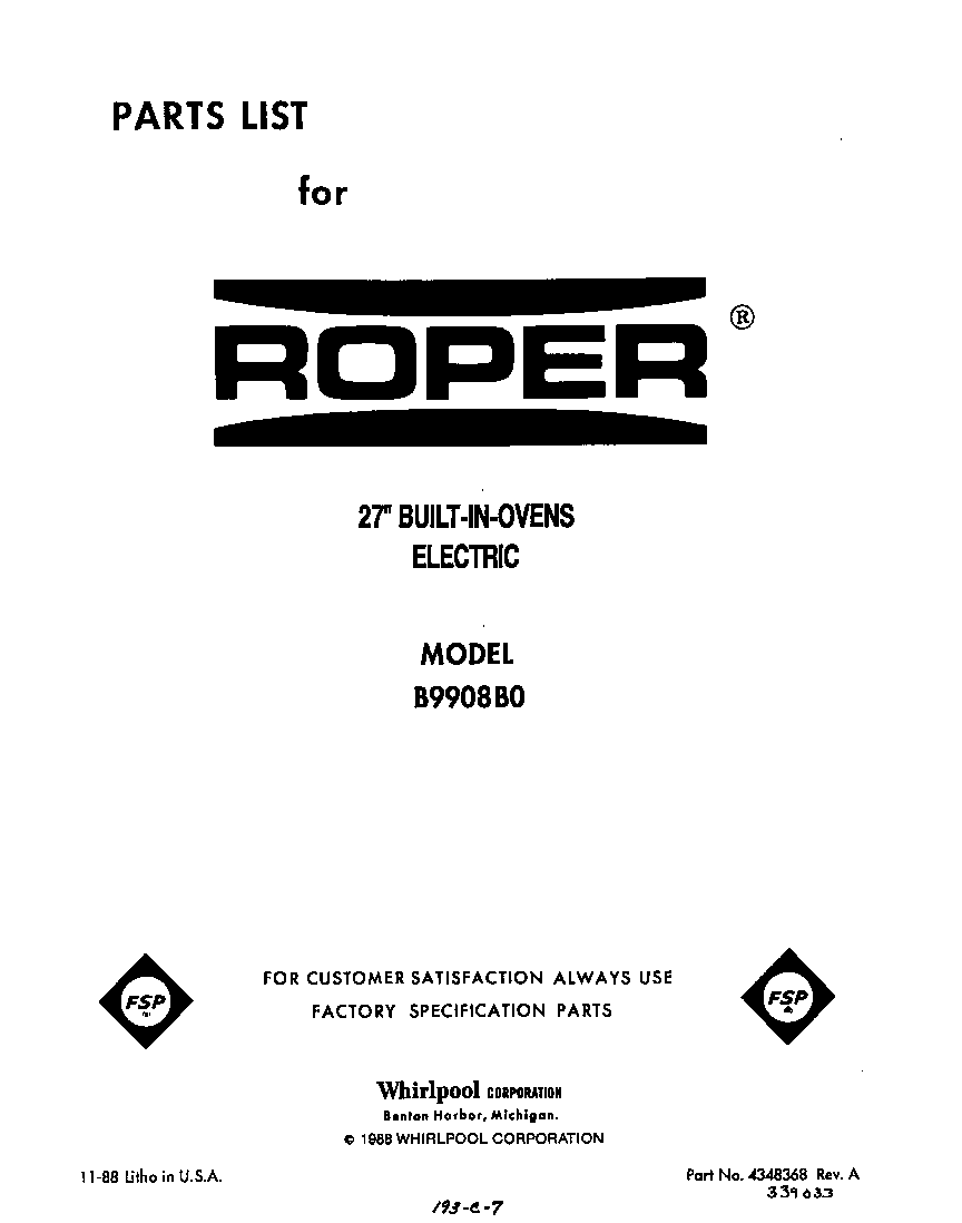 Roper B9908B0 front cover diagram
