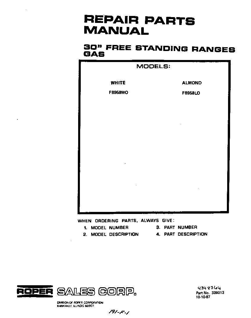 Roper F8958W0 front cover diagram