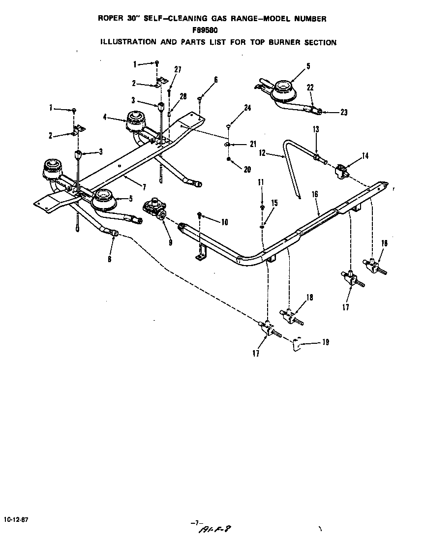 Roper F8958W0 top burner diagram