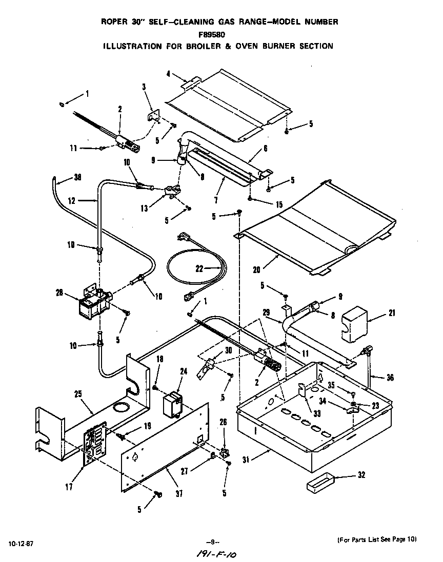 Roper F8958W0 broiler and oven burner diagram