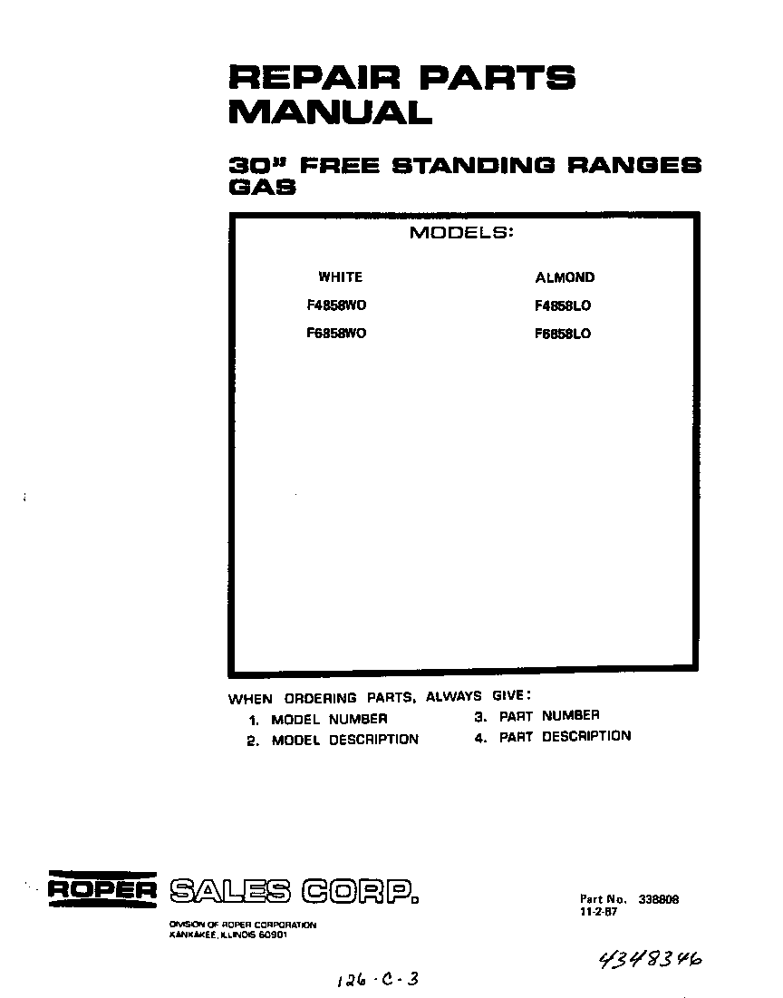Roper F4858W0 cover page-text only diagram
