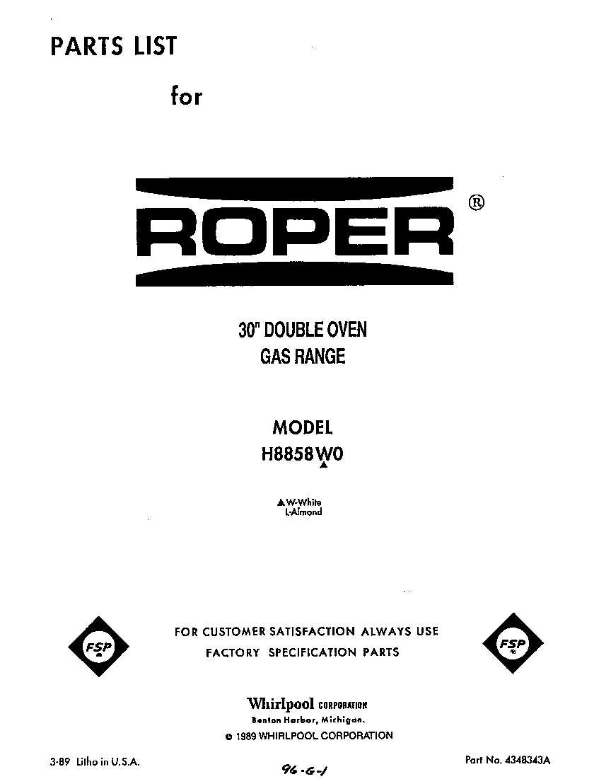 Roper H8858W0 front cover diagram
