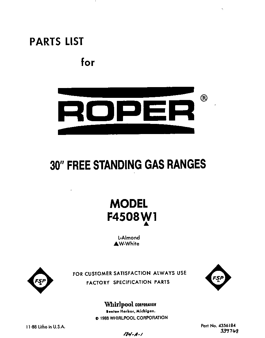 Roper F4508W1 front cover diagram