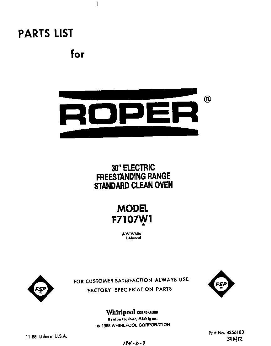Roper F7107W1 front cover diagram