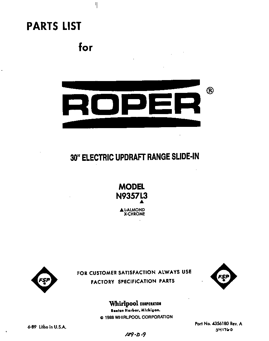Roper N9357L3 front cover diagram