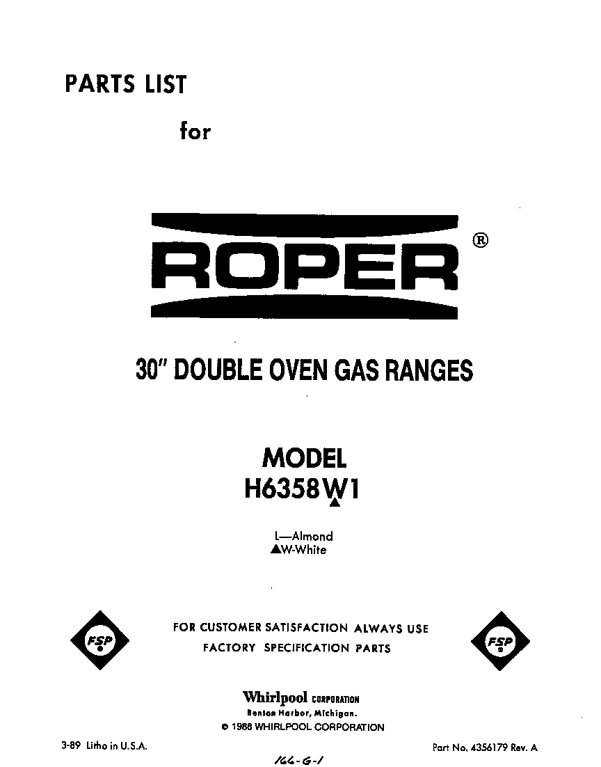 Roper H6358*1 front cover diagram