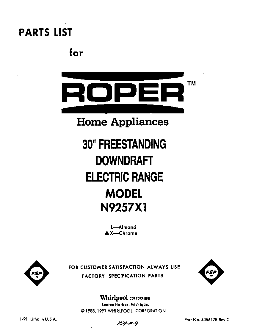 Roper N9257L1 front cover diagram