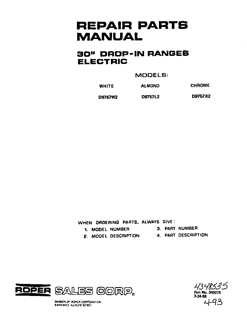 Roper D9757W2 front cover diagram