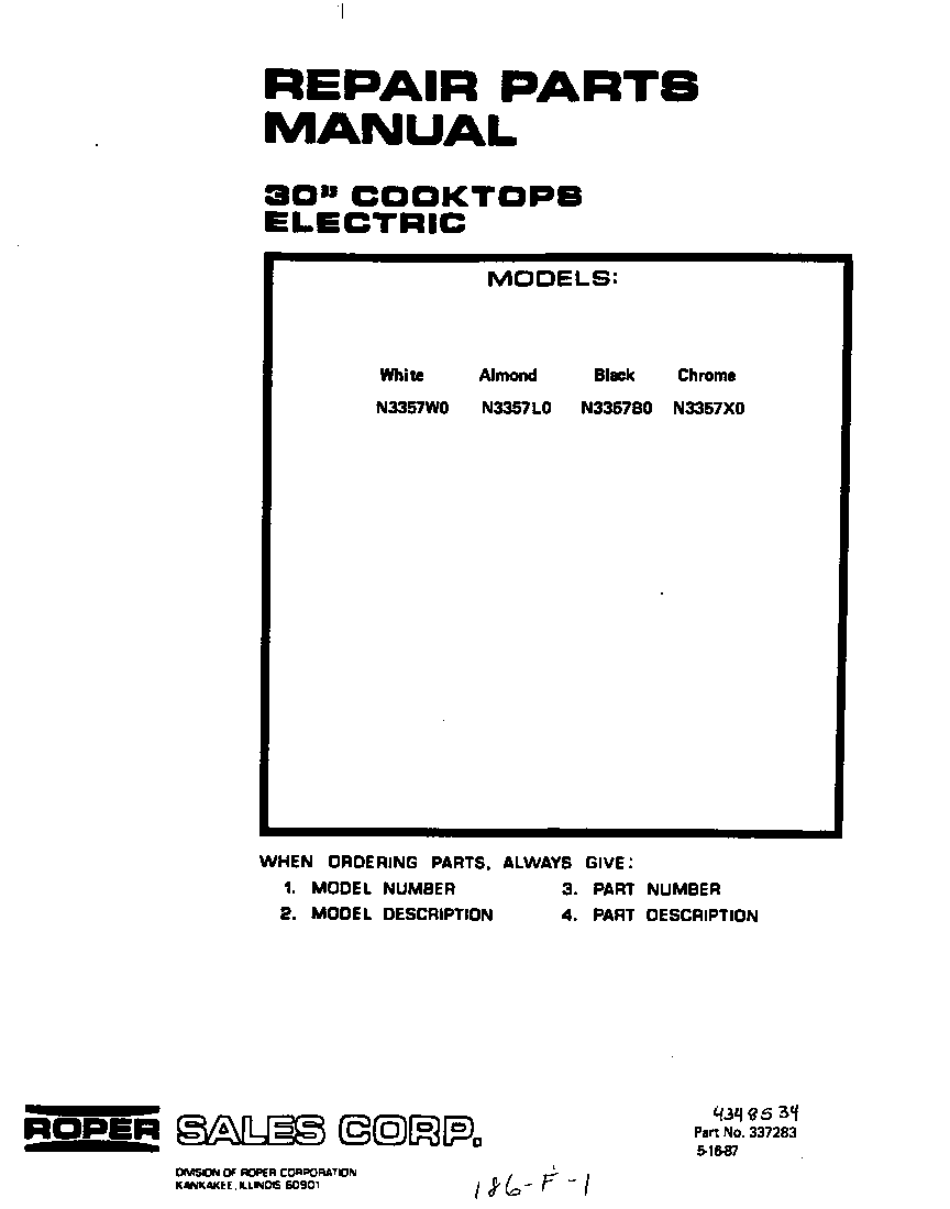 Roper N3357*0 front cover diagram