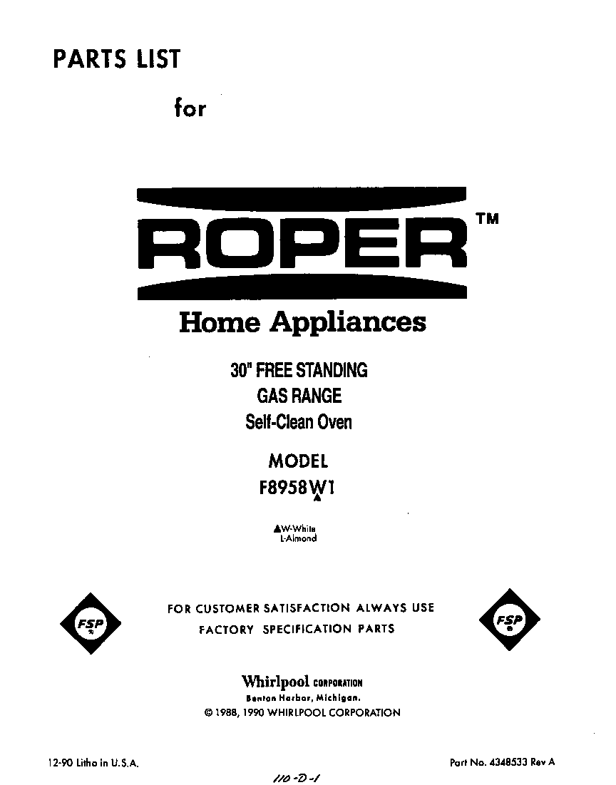 Roper F8958W1 front cover diagram