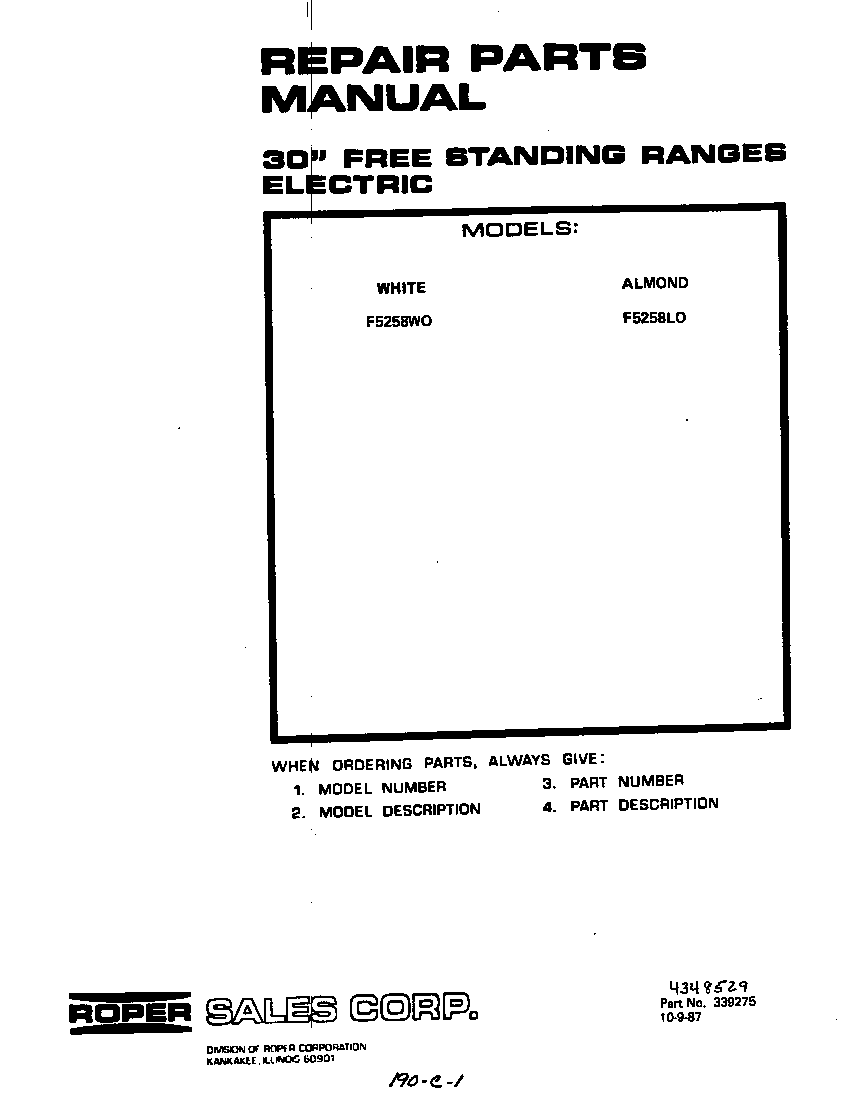Roper F5258W0 front cover diagram